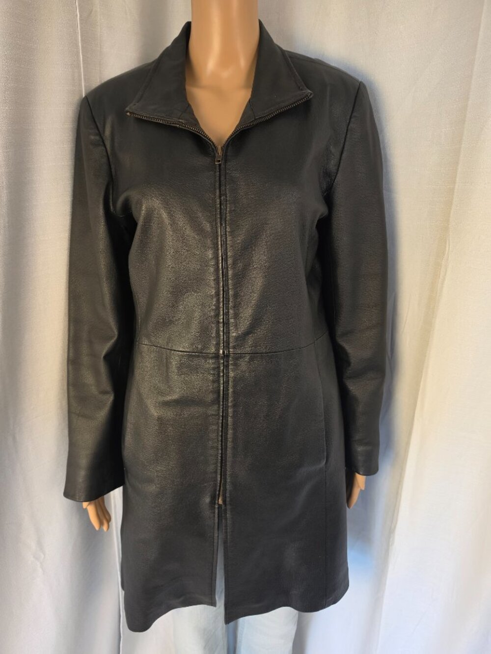Classic Real Comfort Black 100% Leather Midi Coat with Front Zipper Size Small